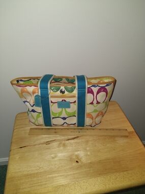Coach Multicolor Signature Tote with Teal Straps
